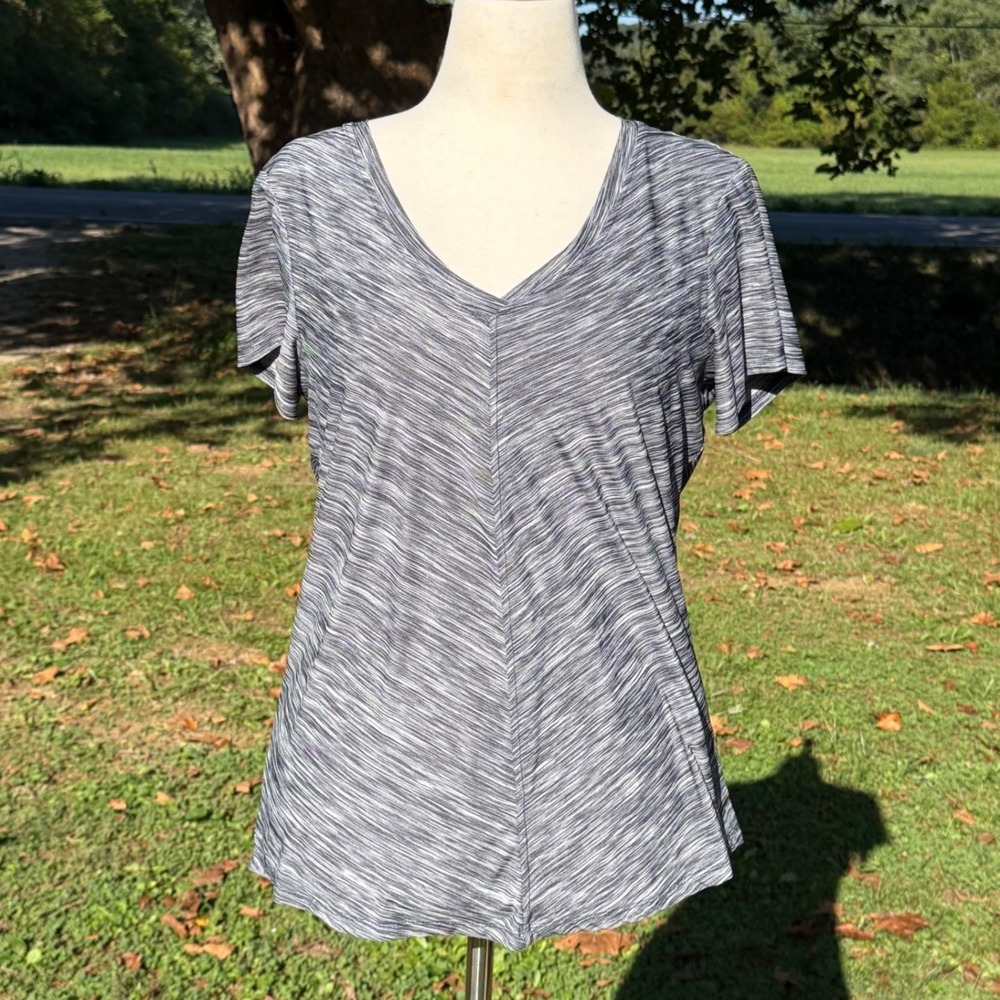 Bally Total Fitness Womens XL Grey Space Dye V-Neck Activewear T-Shirt Top